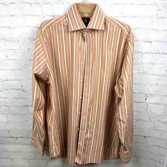Tailor Byrd Mens Large Dress Shirt Button up Stiped Careerwear Office Salmon - Picture 1 of 14